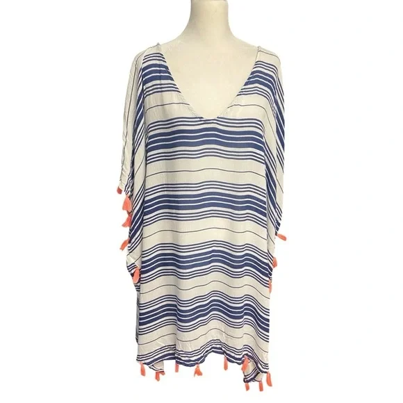 ASOS Swimsuit Cover Up Size 14 Navy White Stripes Hot Pink Tassels Pool Beach - Picture 3 of 7